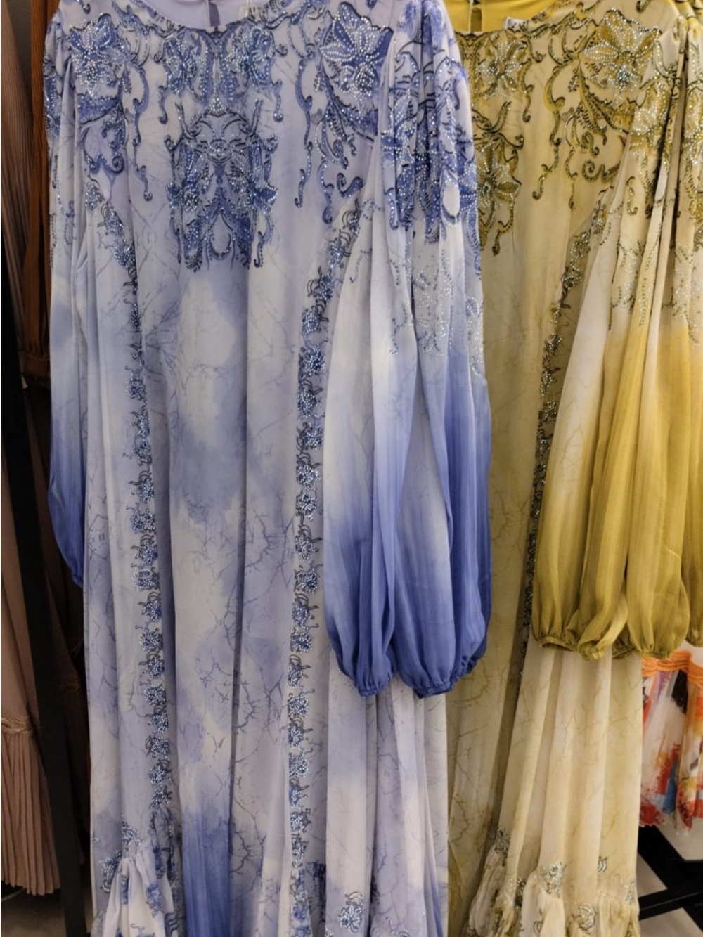 Embellished Blue Ombre Long Sleeve Maxi Dress